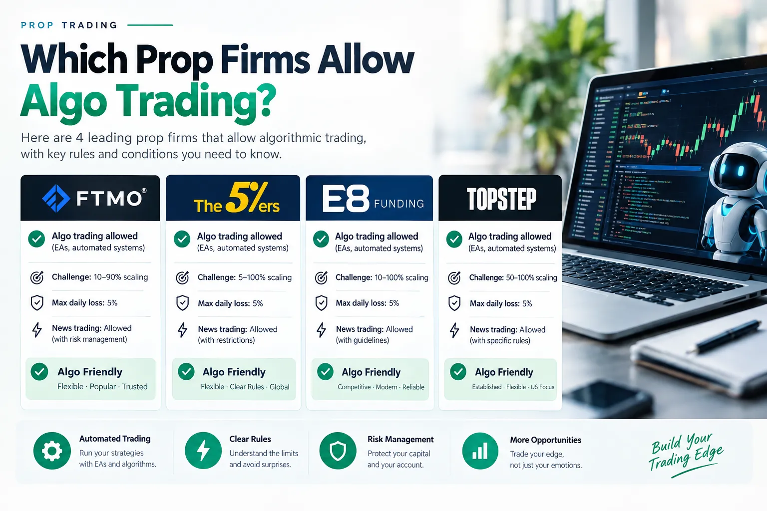 Comparison panel with logos for FTMO, The 5%ers, E8 Funding and Topstep, each marked algo friendly with short rule lines; it includes a firm and figures this article does not cover.