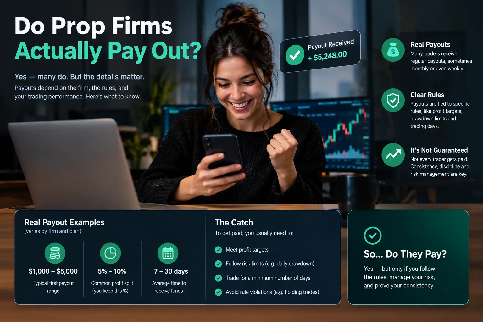 Smiling trader holding a phone that shows a payout notice, with a panel of example payout figures and a note that payouts are not guaranteed.