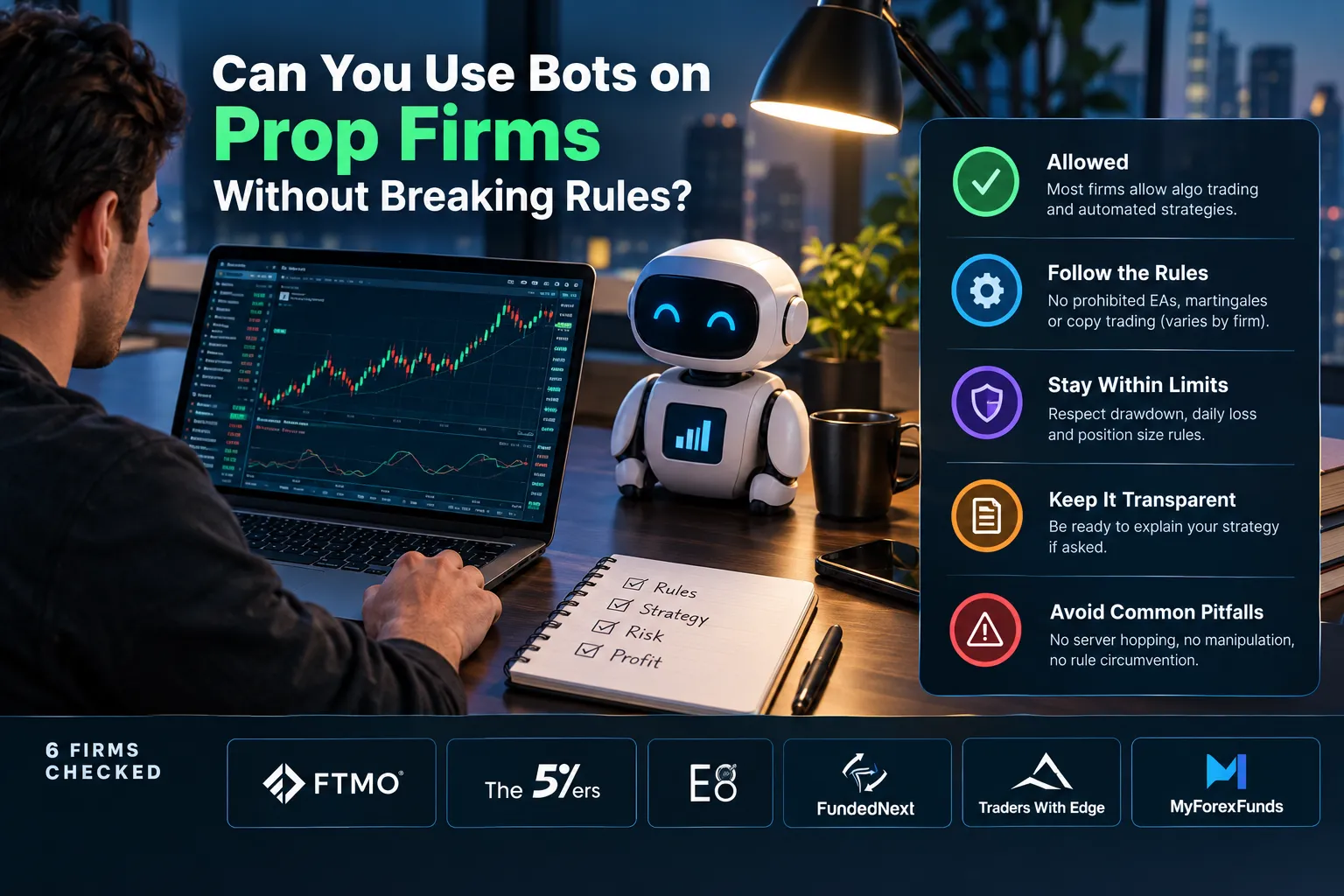 Dark desk scene with a robot and a trader beside a rules checklist (allowed, follow the rules, stay within limits, keep it transparent, avoid pitfalls) and a row of six prop firm logos.