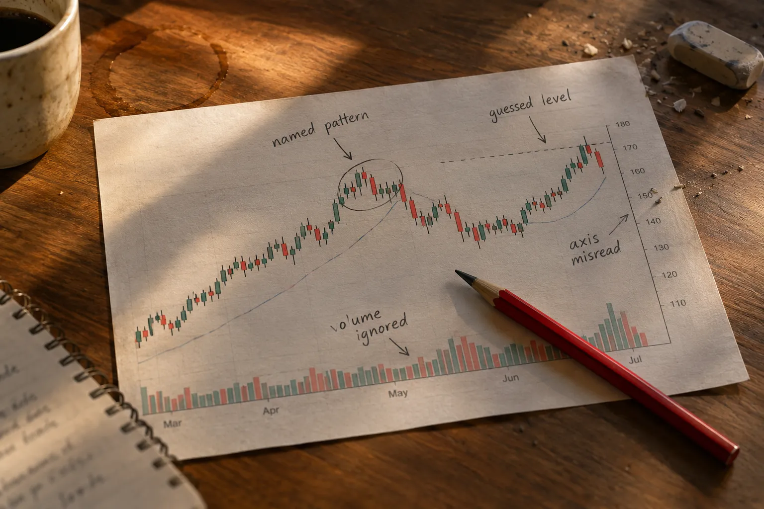 Hand-drawn candlestick chart on paper with notes marking a named pattern, a resistance level and a misread axis.