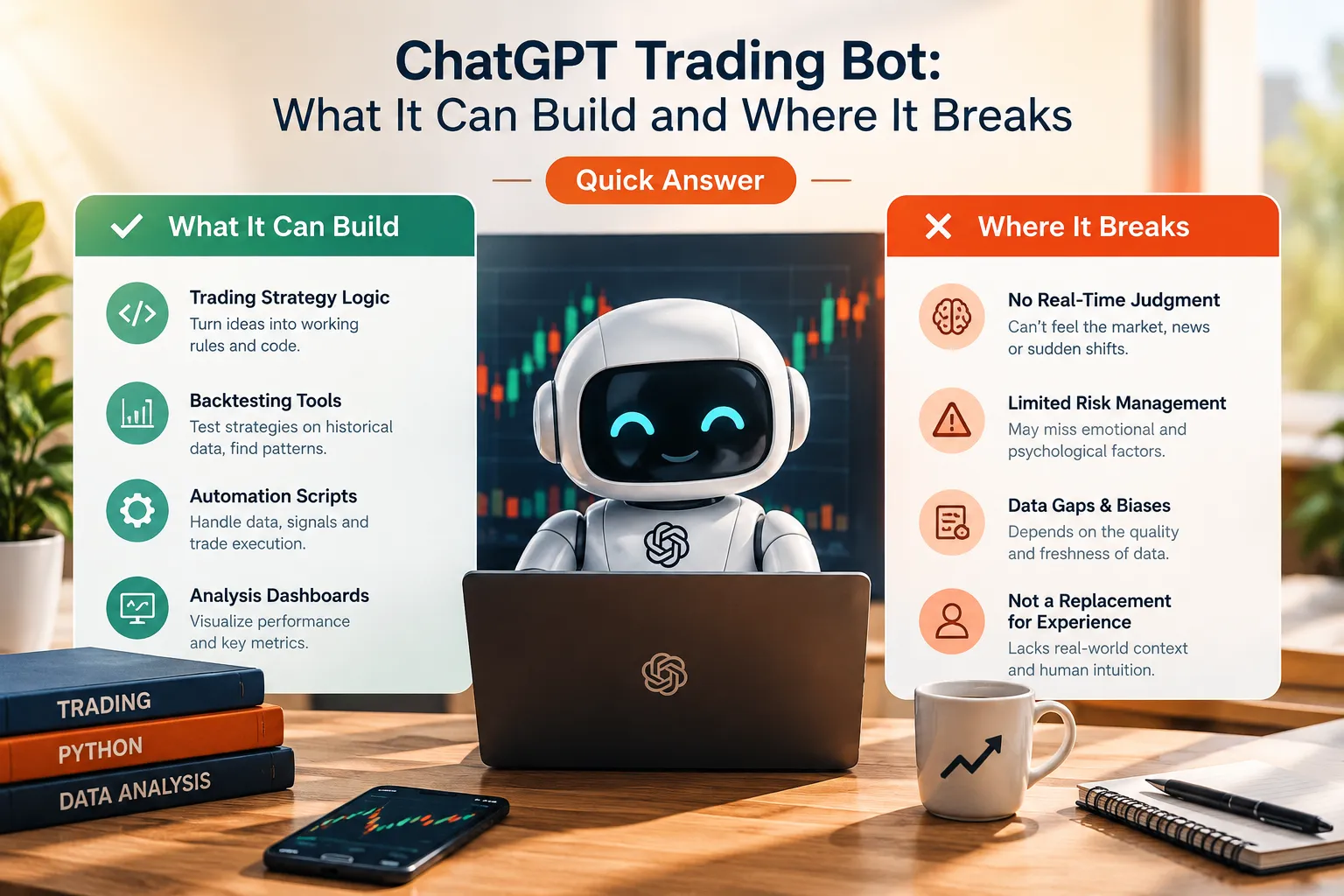 Friendly robot at a laptop between two panels: what ChatGPT can build, such as strategy logic and automation scripts, and where it breaks, such as real-time judgment and risk management.