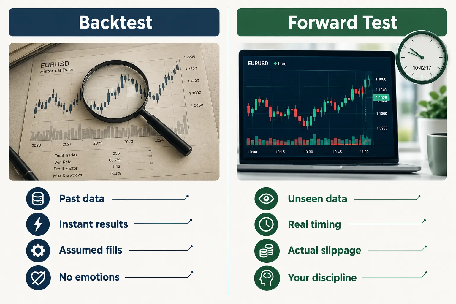 Split comparison of a backtest on historical data with a forward test on live data, listing past data, instant results, assumed fills and no emotions against unseen data, real timing, actual slippage and your discipline.