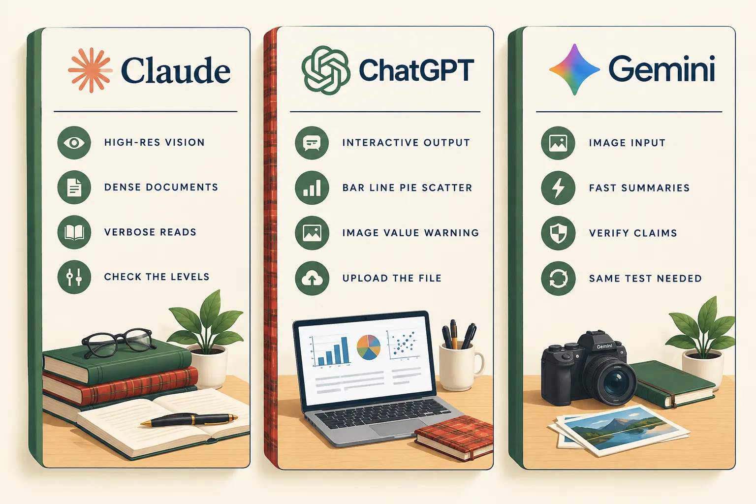 Side-by-side cards for Claude, ChatGPT and Gemini listing image features, with the same advice on each: check the levels and test them the same way.