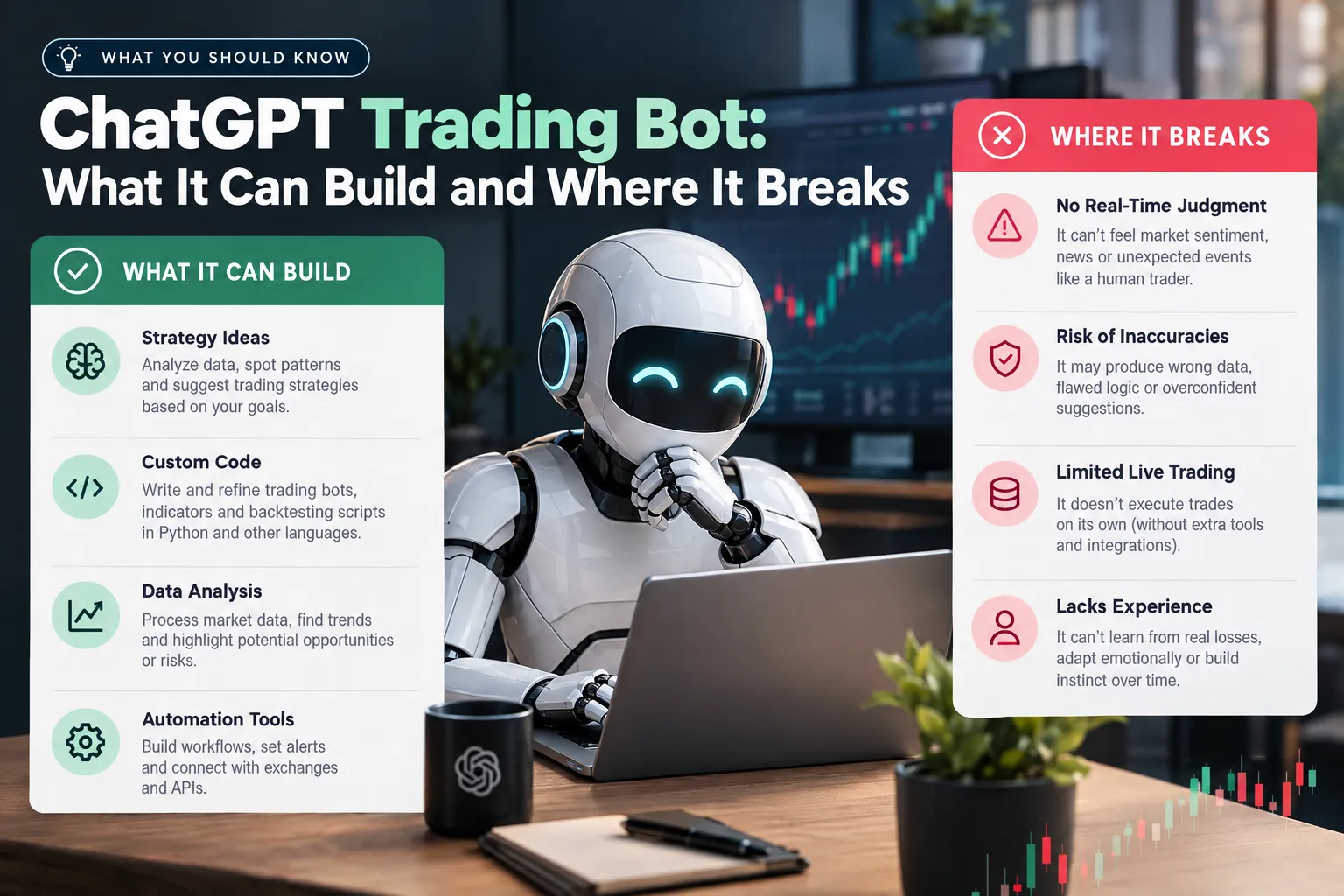 Robot at a desk with two panels listing what ChatGPT can build and where it breaks, including no real-time judgment and limited live trading.