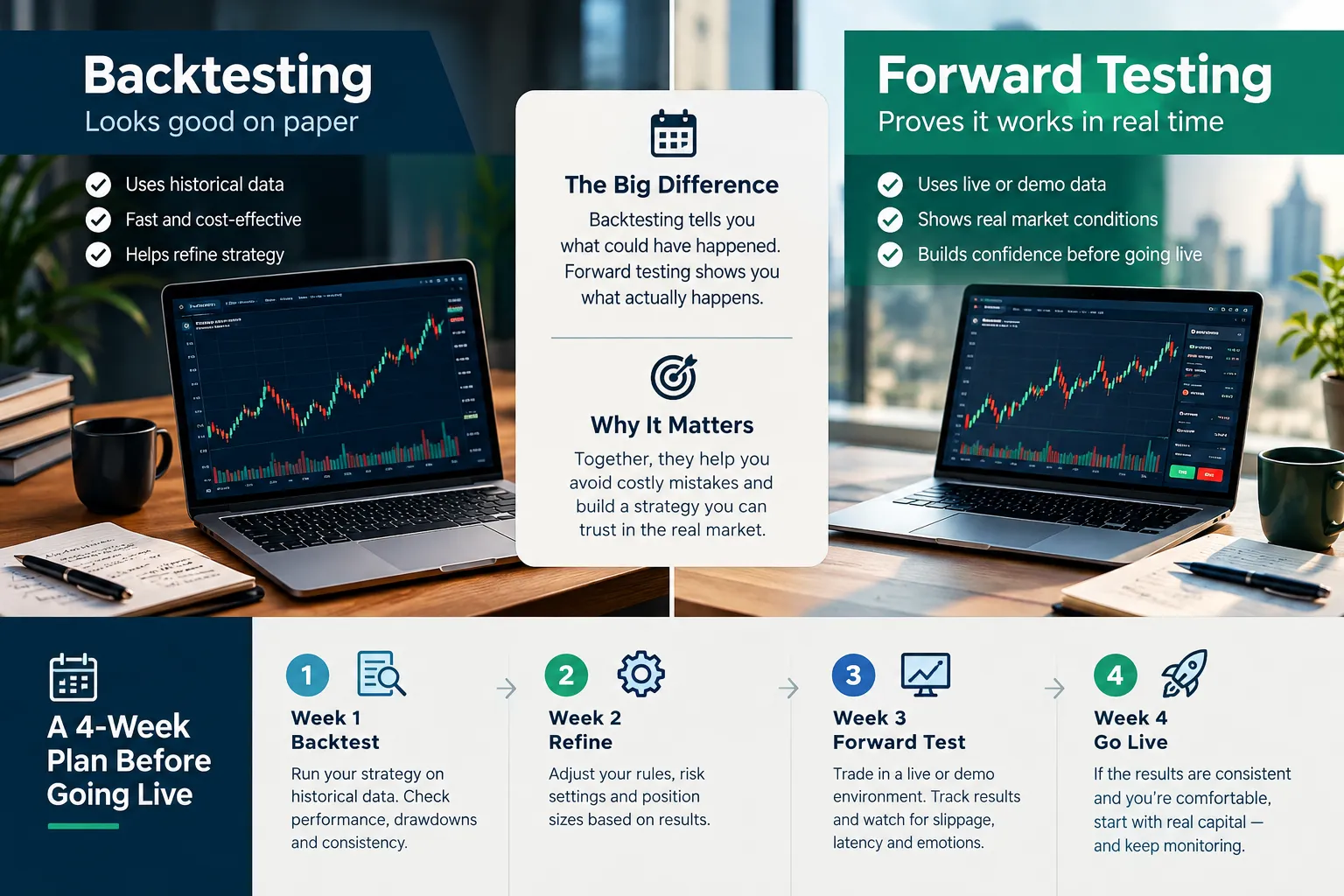 Backtesting versus forward testing graphic with two laptops and a four-week plan strip: backtest, refine, forward test, go live.