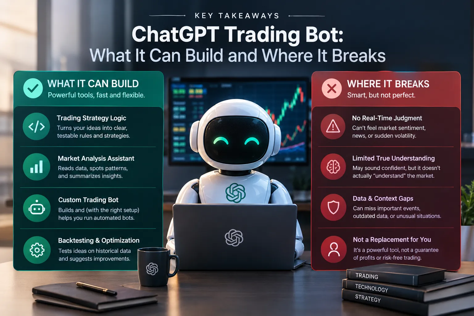Key takeaways graphic with the same robot, with a green column for what ChatGPT can build and a red column for where it breaks.