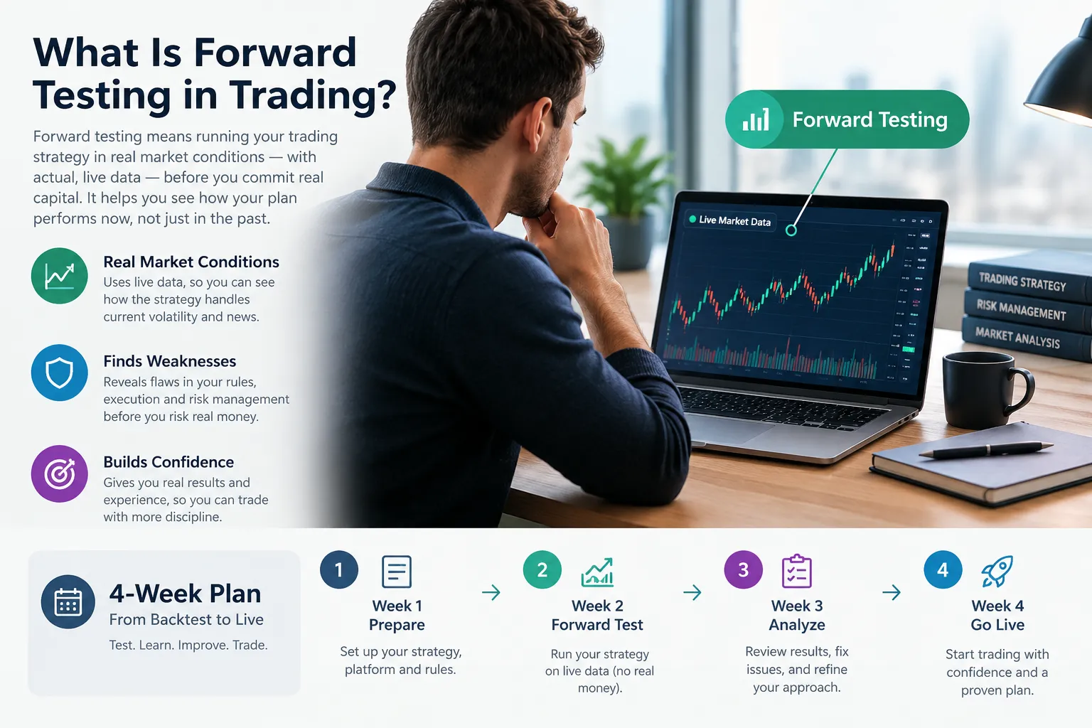 Man at a laptop beside a short explainer on forward testing and a four-week strip: prepare, forward test, analyze, go live.