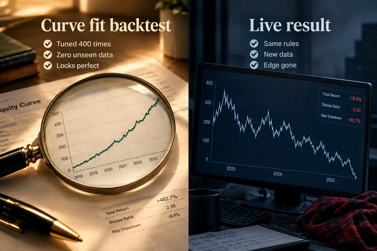 Magnifying glass over a rising curve-fit backtest beside a live result that falls, captioned new data, edge gone.