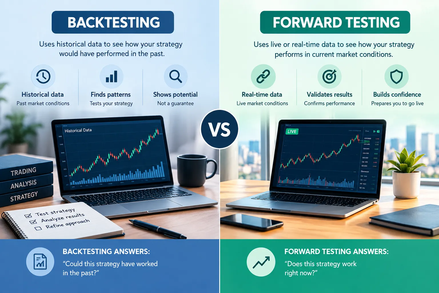 Backtesting versus forward testing side by side, each with a laptop chart and three labels, ending with the questions each one answers.