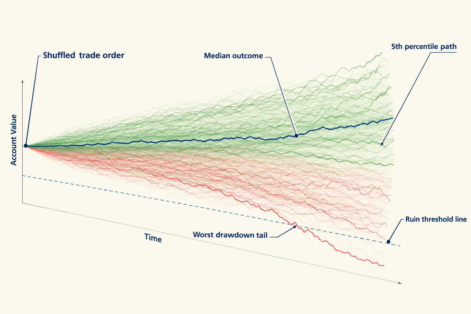 Chart of many simulated equity curves built from shuffled trade order, green for better paths and red for worse, with the median outcome, the 5th percentile path and a ruin threshold line marked.