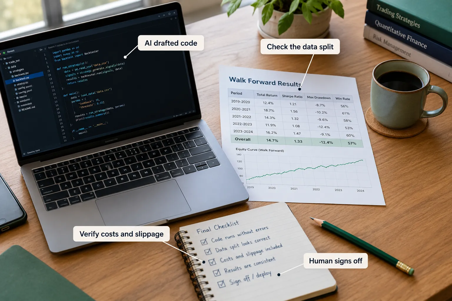 Laptop with AI-drafted code beside a printed walk forward results table and a handwritten checklist: check the data split, verify costs and slippage, human signs off.