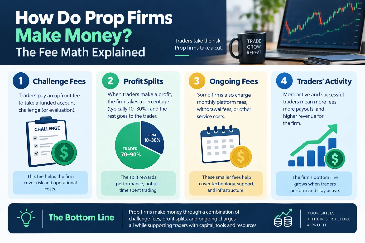 Four-card graphic listing challenge fees, profit splits, ongoing fees and trader activity as the ways a prop firm earns money.