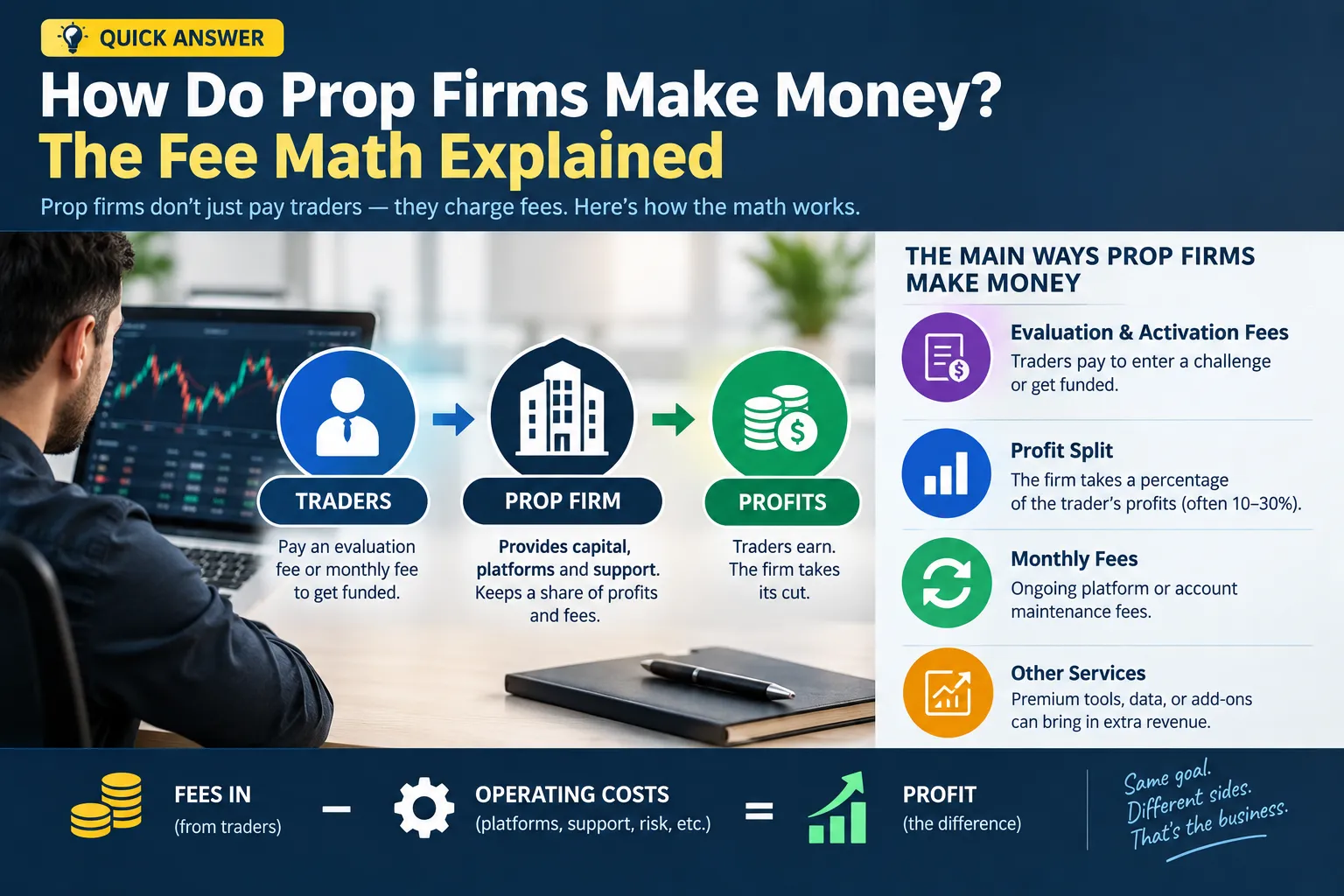 Diagram showing trader fees minus operating costs equals profit, with a list of the main ways a prop firm makes money.