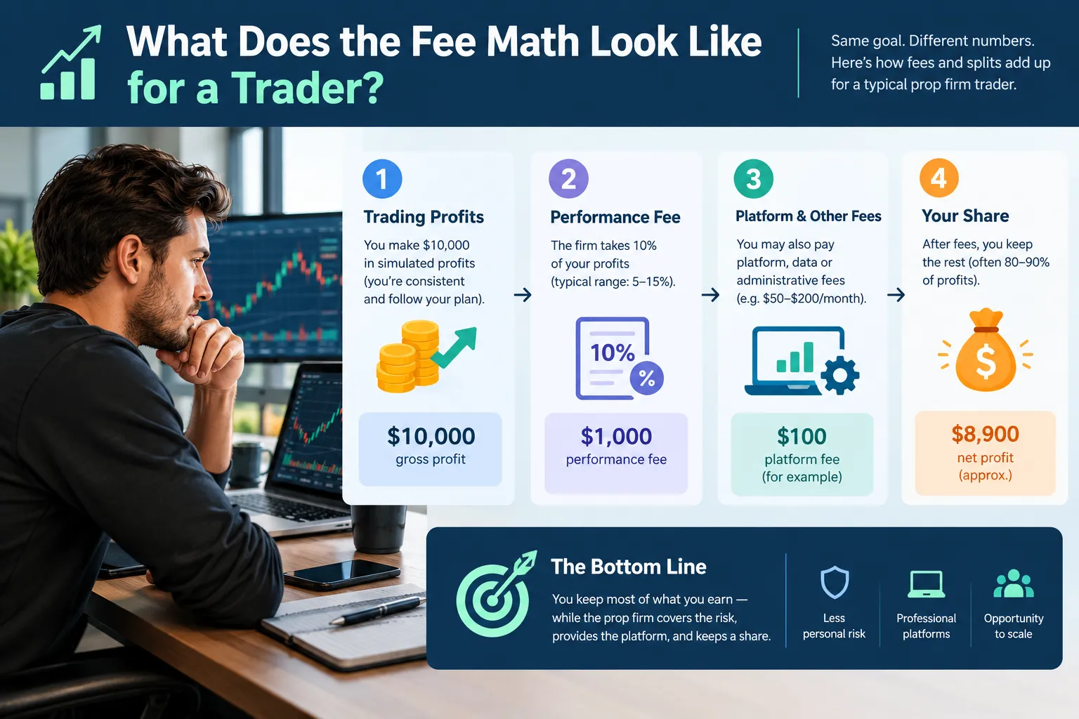 Trader at a desk beside a four-step fee example covering profit, a performance fee, platform fees and the trader's share.