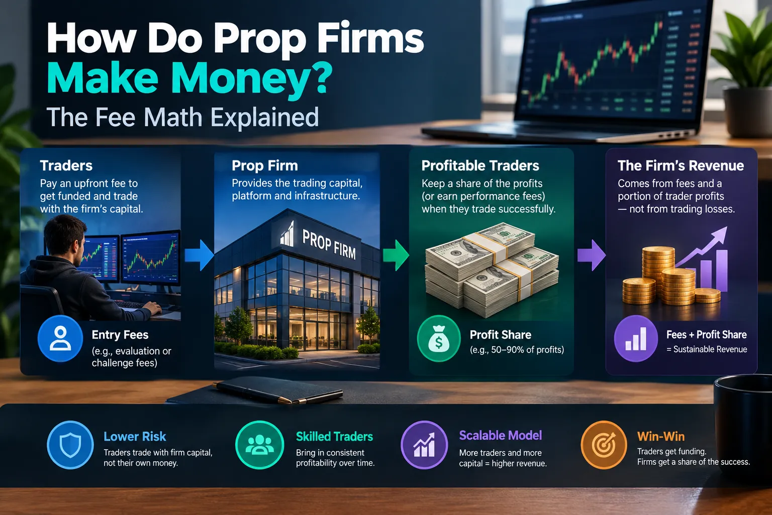Flow graphic from traders to the prop firm to profitable traders to the firm's revenue from fees and profit share.