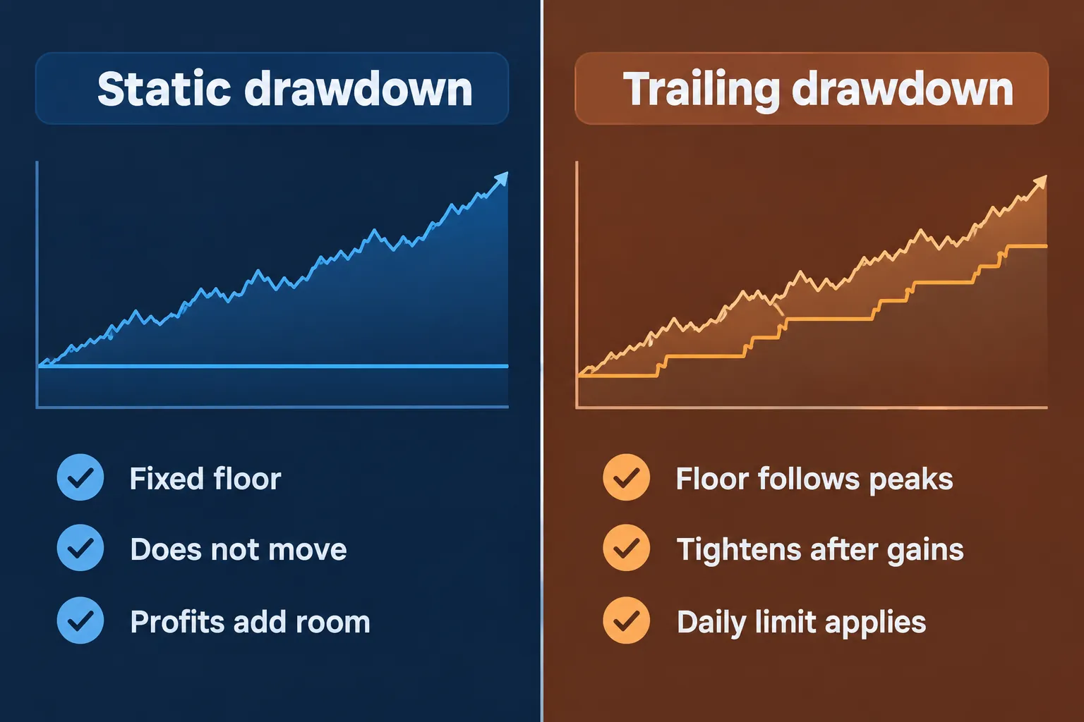 Side-by-side panels comparing a static drawdown, with a fixed floor that profits add room above, against a trailing drawdown whose floor follows peaks and tightens after gains.