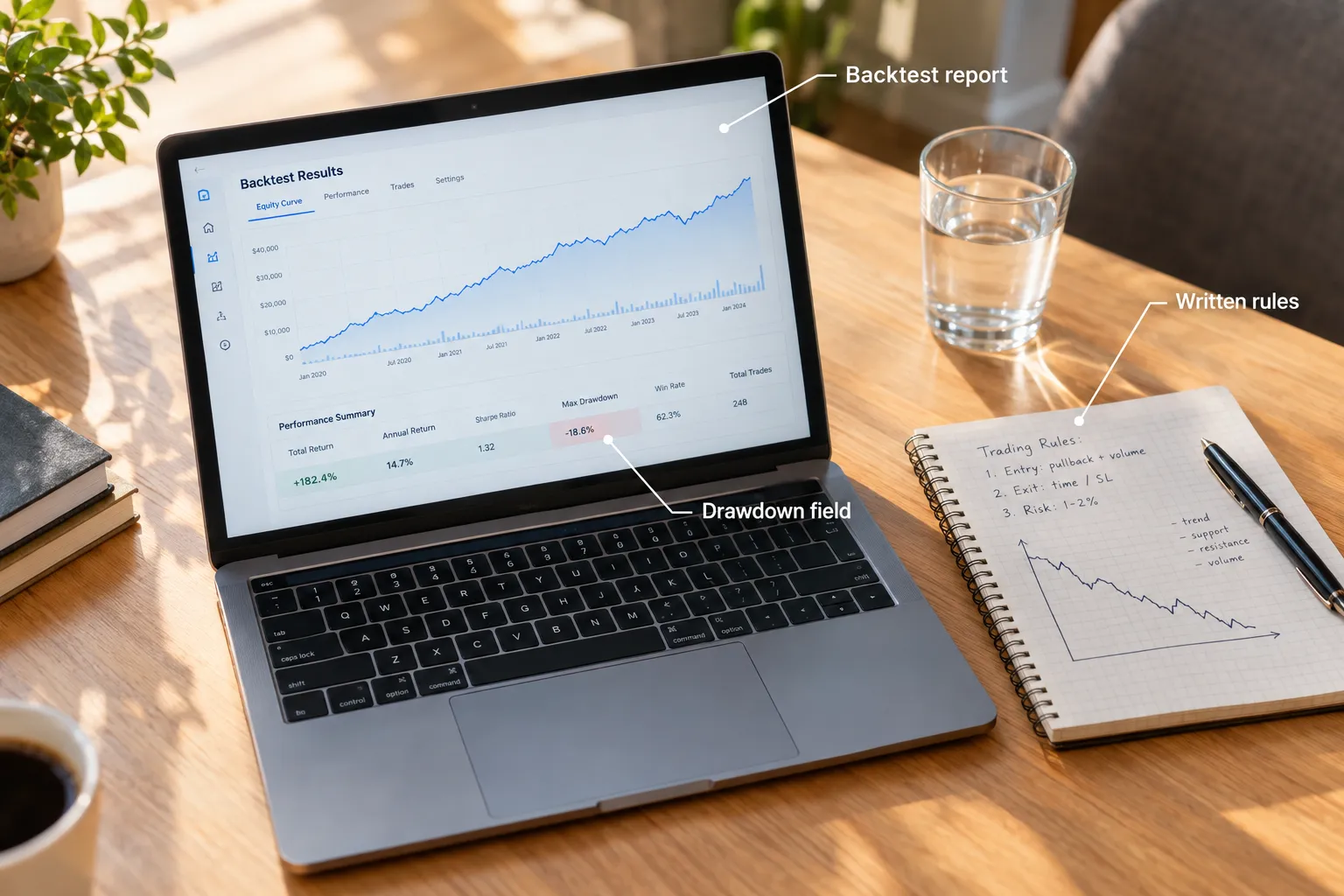 Laptop showing a backtest report with the drawdown field called out, beside a notebook of written rules and a hand-drawn drawdown sketch.