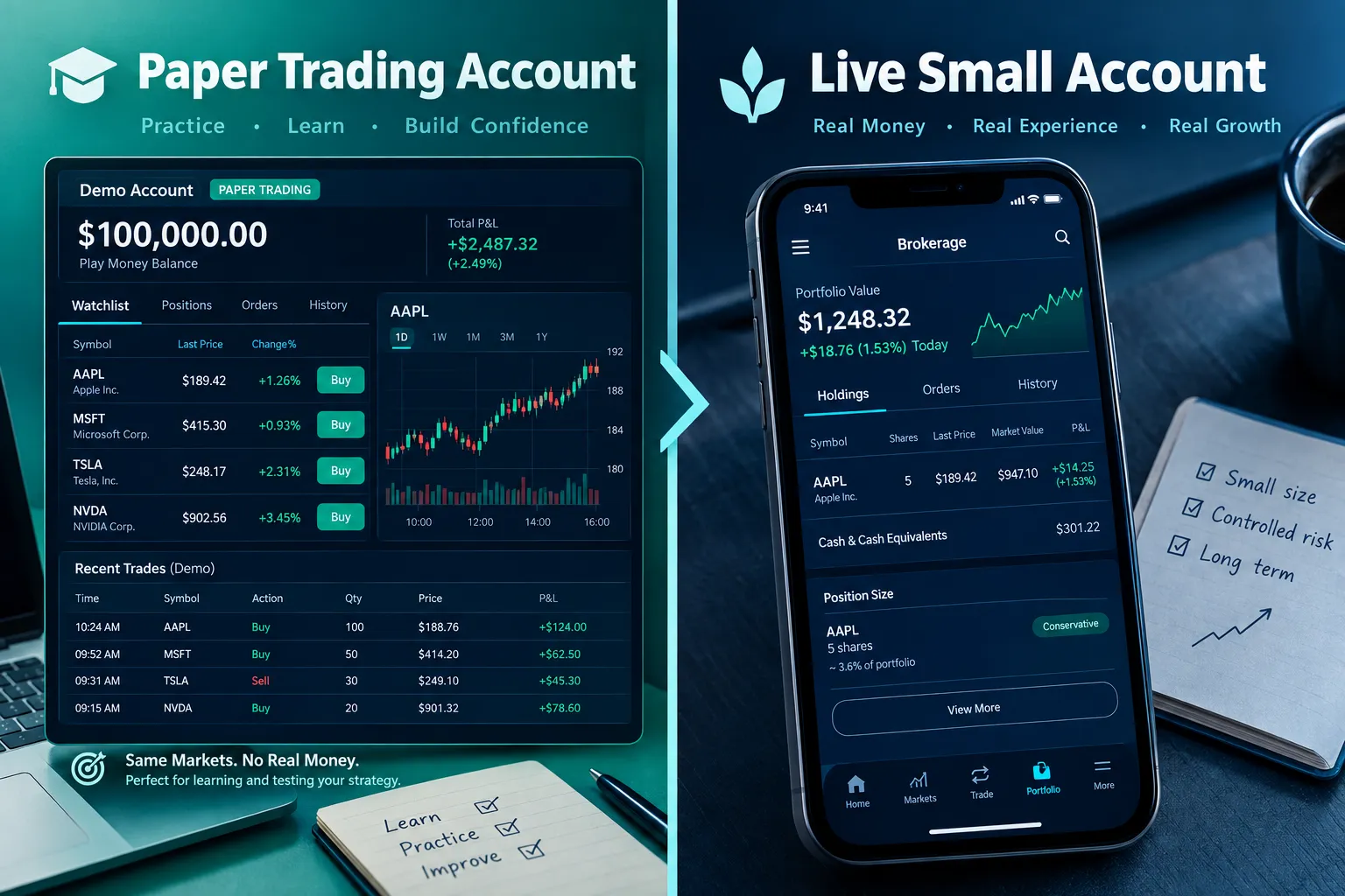 Paper trading account shown beside a small live trading account.