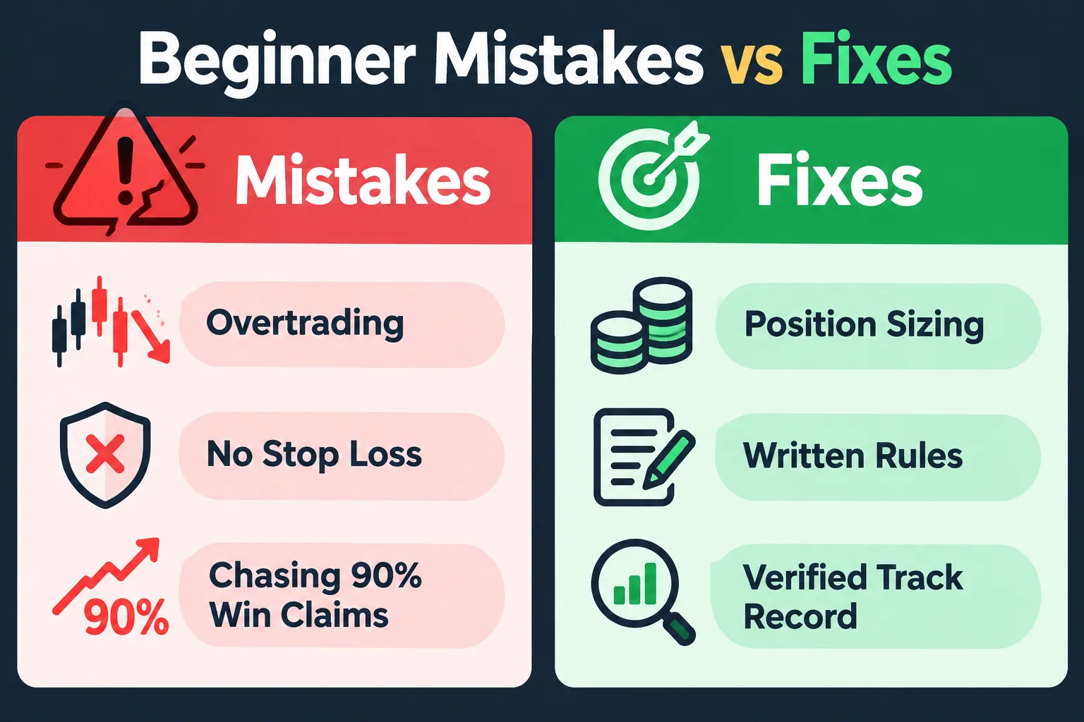 Common beginner AI trading mistakes compared side by side with their fixes.