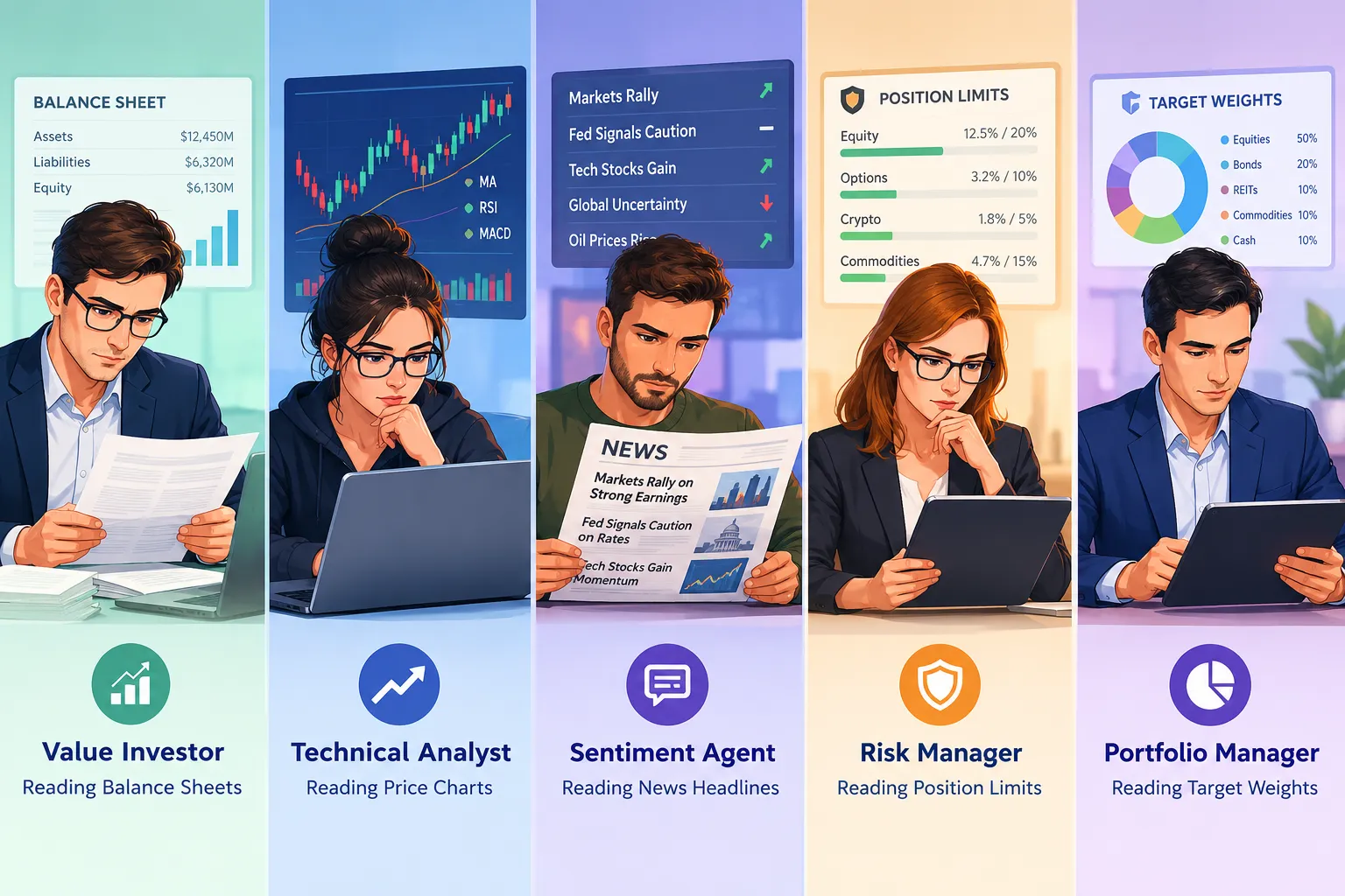 Five analyst agent personas with the data each one reads