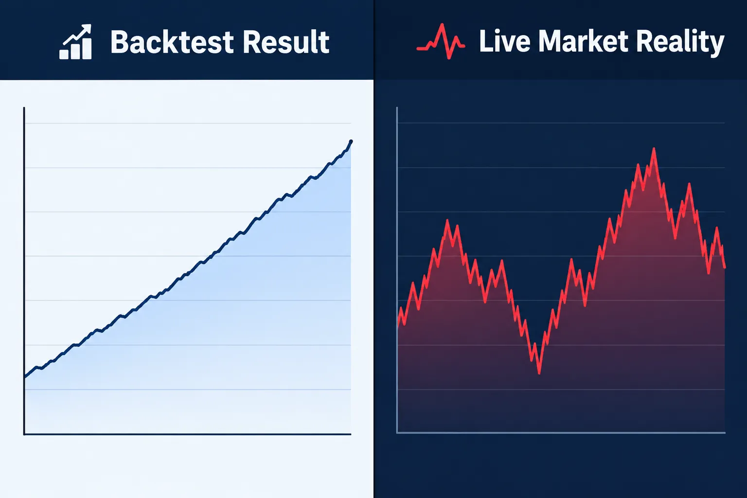 Split panel contrasting a smooth backtest equity curve with choppy live market reality