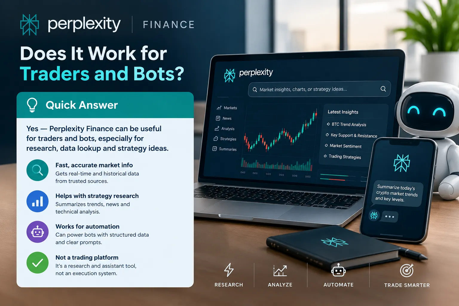 Dark desk photo with Perplexity Finance on a laptop and a quick answer panel: fast market info, strategy research help, automation with structured data, and not a trading platform.