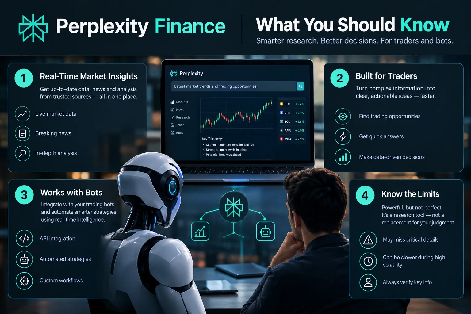 Dark scene with a robot and a trader beside four numbered points: real-time market insights, built for traders, works with bots and know the limits.