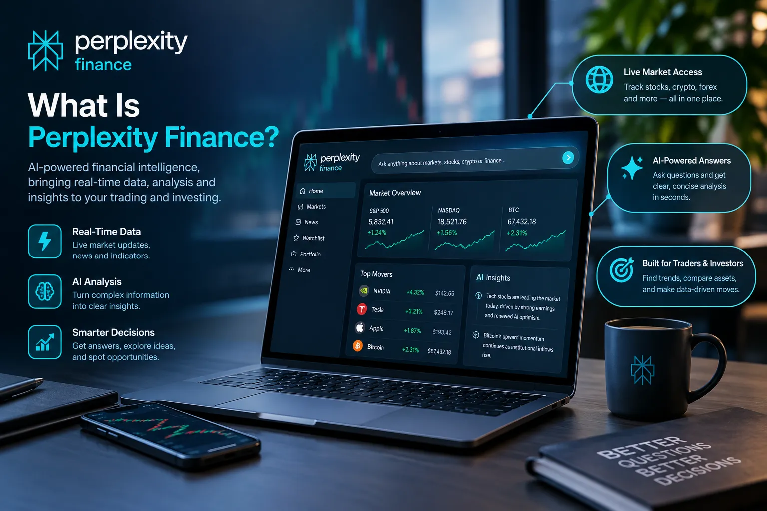 Laptop showing a Perplexity Finance market overview with callouts for live market access, AI-powered answers and use by traders and investors.