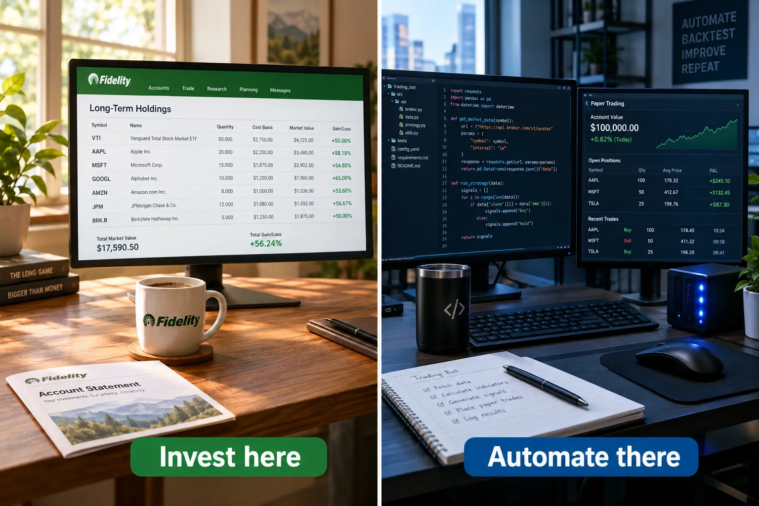 Split photo of a monitor with Fidelity long-term holdings labeled invest here, and dual monitors with code and a paper trading screen labeled automate there.