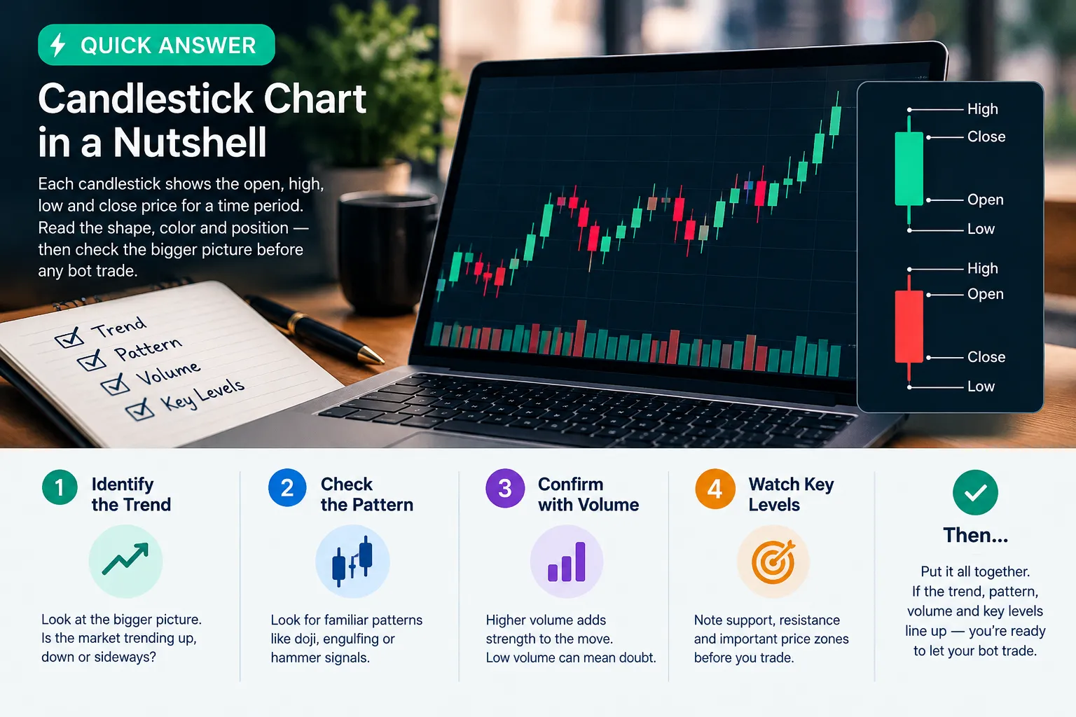 Desk photo with a candlestick chart in a nutshell: a four-step panel to identify the trend, check the pattern, confirm with volume and watch key levels.