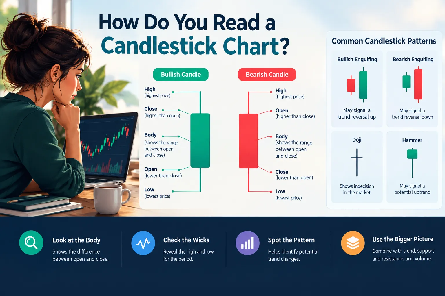 Trader at a desk beside labeled bullish and bearish candle diagrams and a panel of common patterns: bullish engulfing, bearish engulfing, doji and hammer.