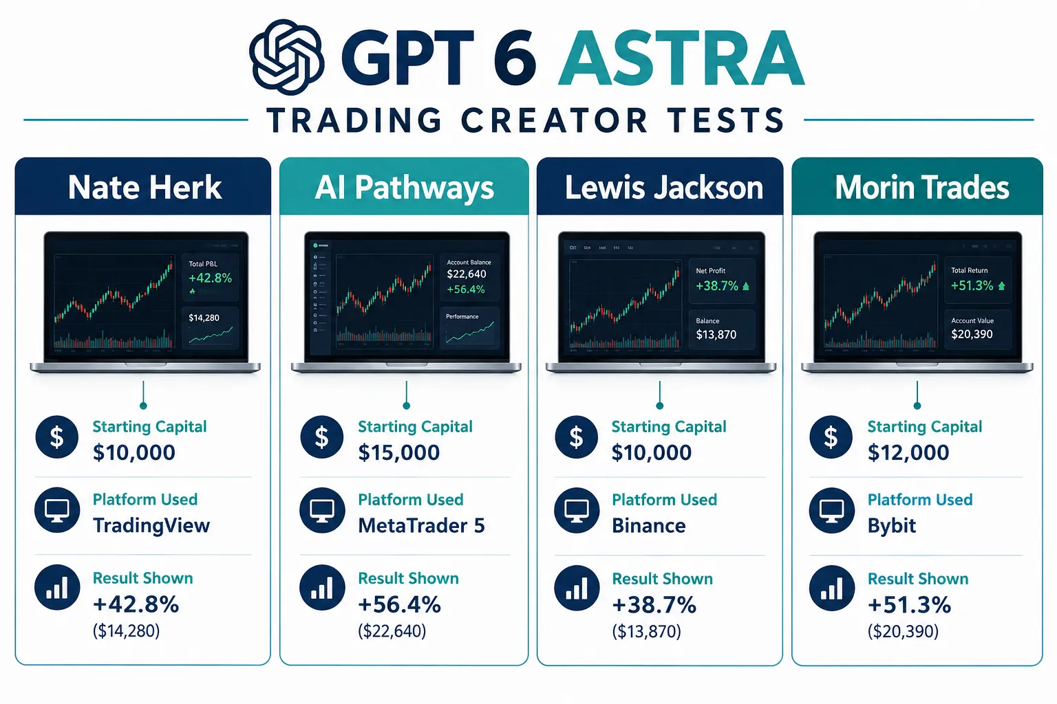 Four panel comparison of public GPT 6 Astra trading tests