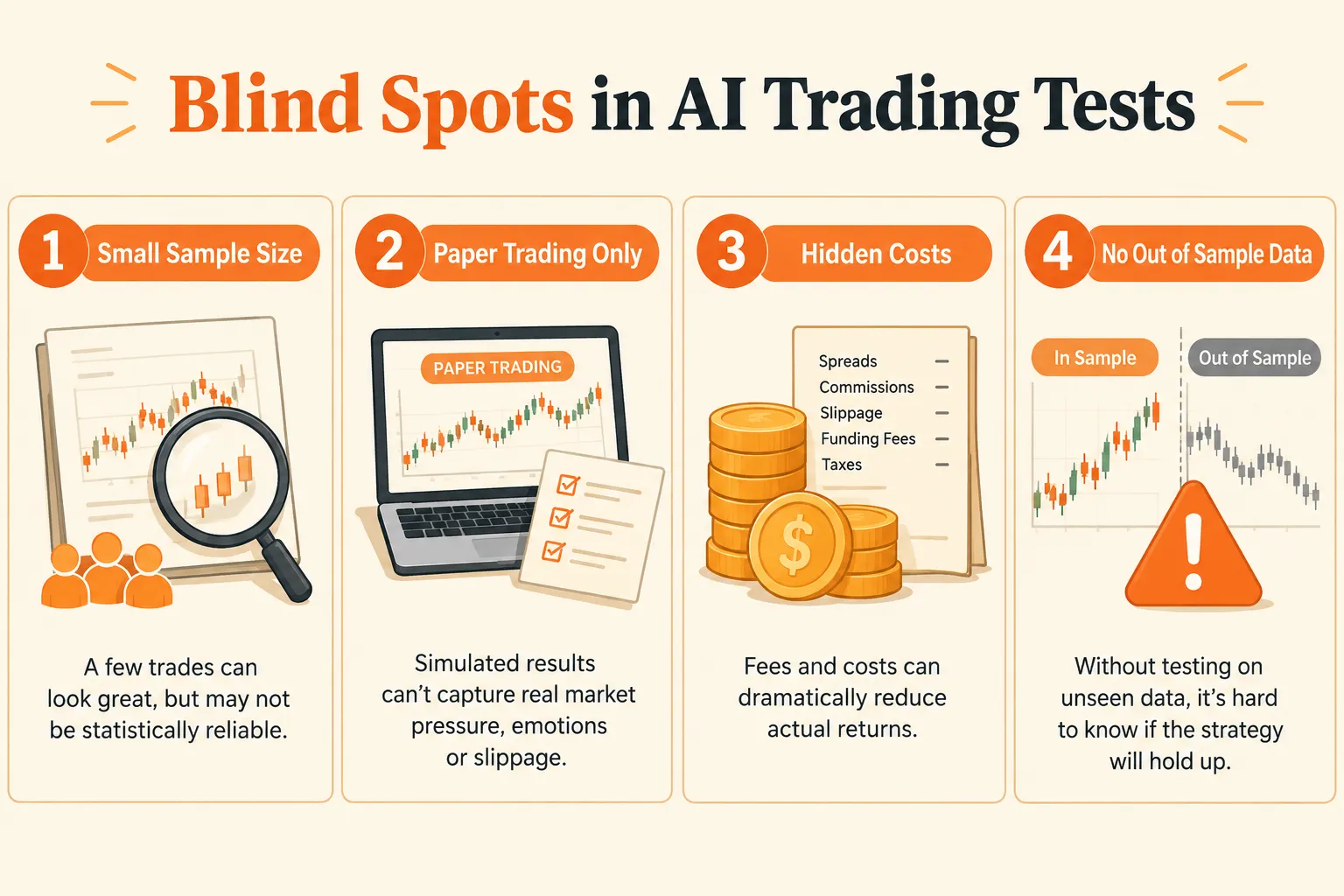Blind spots in AI trading tests: sample size, paper only, hidden costs, no out of sample data