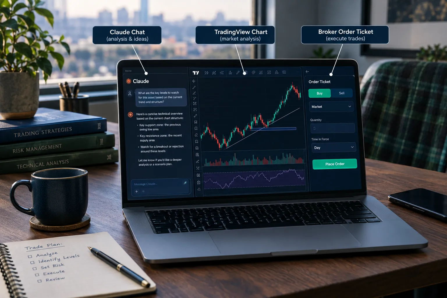 Desk setup with a Claude chat window, a TradingView chart and a broker order ticket