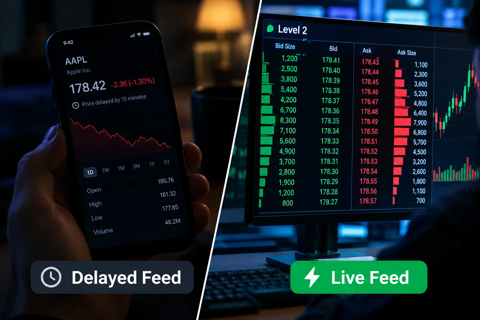Split screen contrasting a delayed quote with a live order book