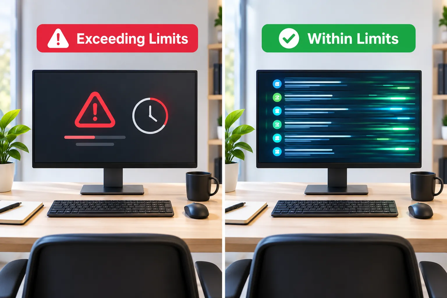 Stock-style photo of two monitors on a desk, one showing an exceeding-limits warning and one showing a within-limits check.