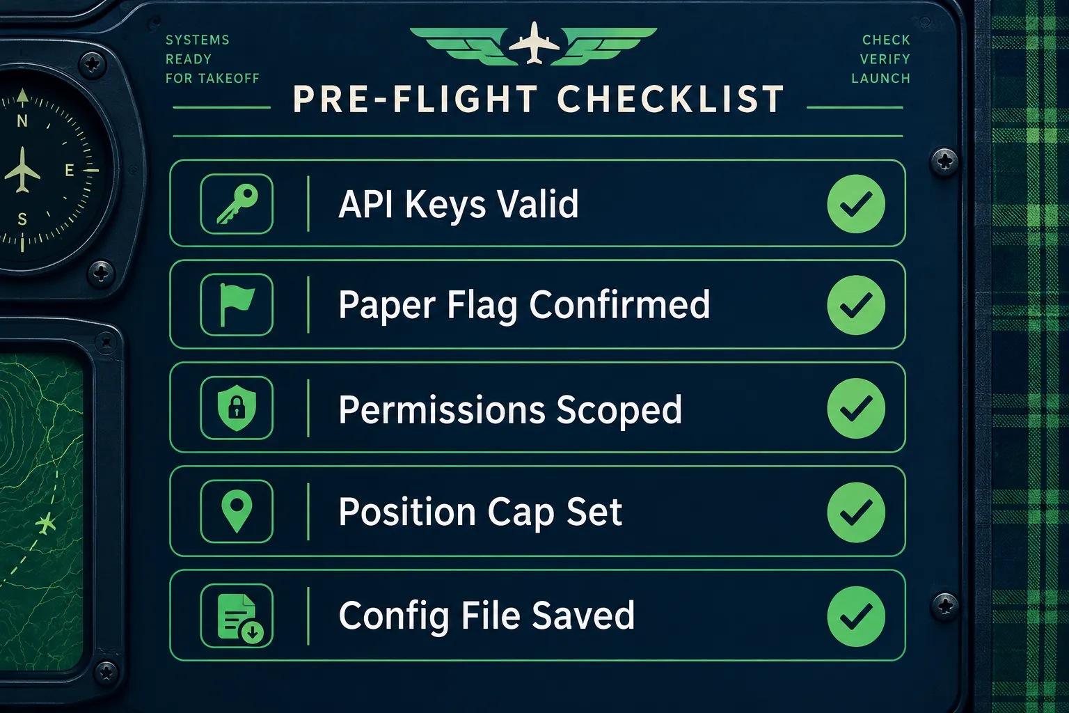 Navy and green pre-flight checklist with five ticked rows: API keys valid, paper flag confirmed, permissions scoped, position cap set, config file saved.