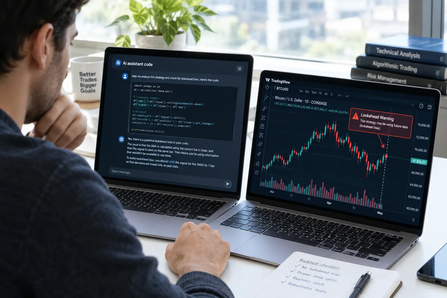 Photo of a trader at two laptops, one showing AI-written code and the other a TradingView chart with a look-ahead warning label.
