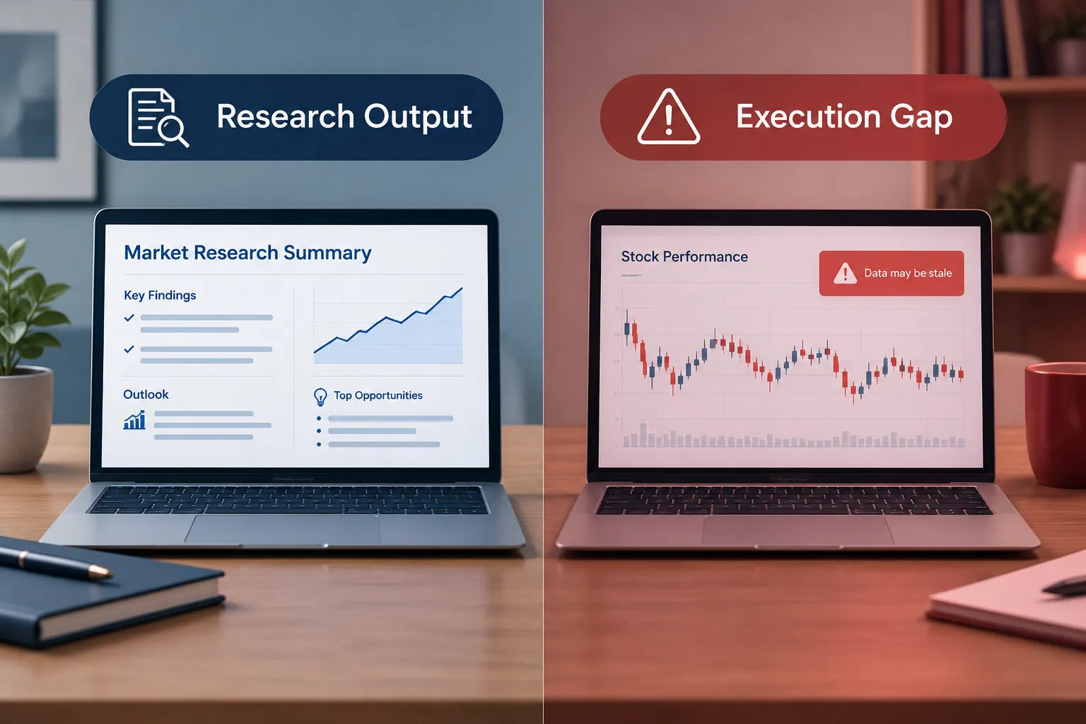 Split panel showing a research summary on one side and a stale chart warning on the other
