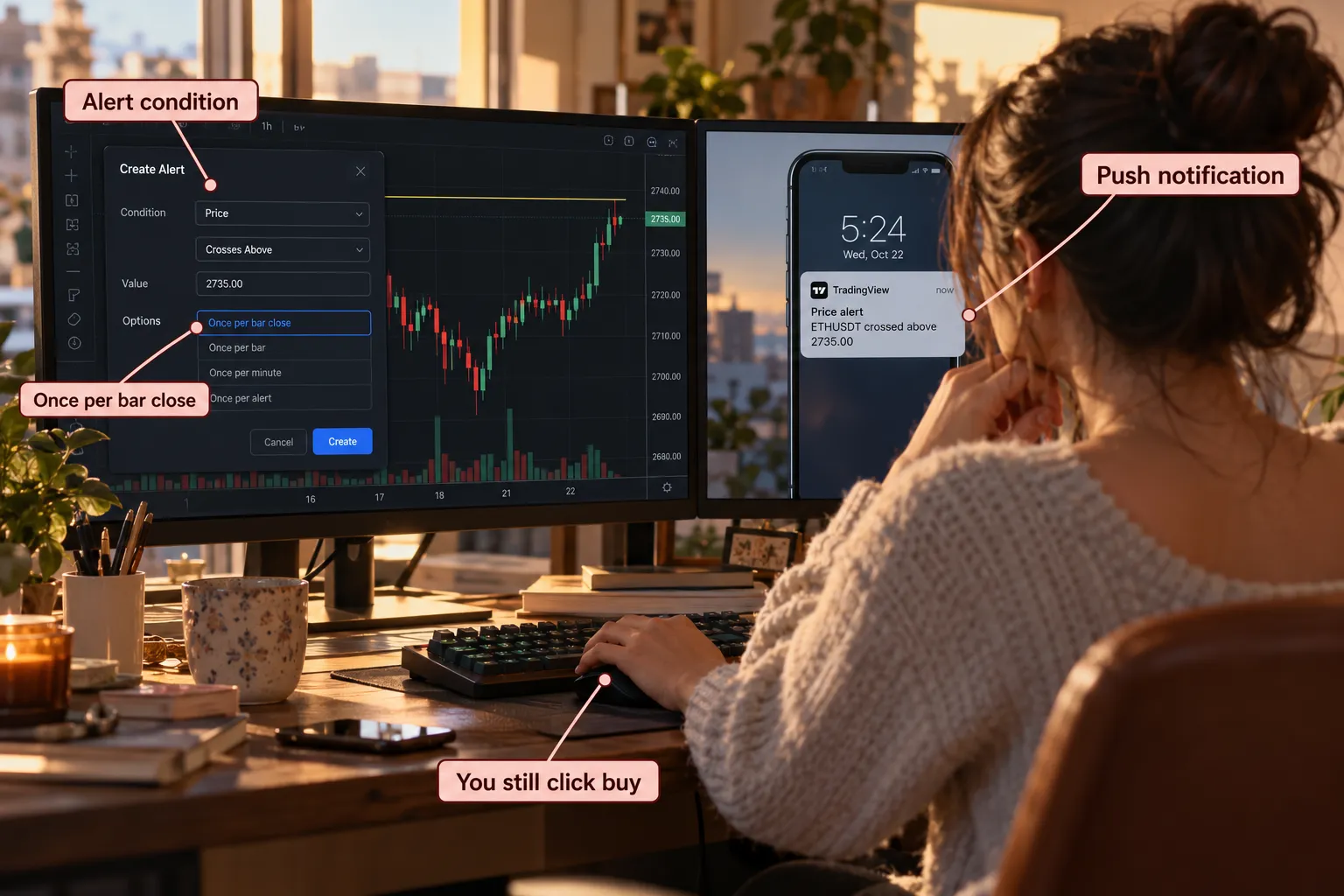 Photo of a trader at two monitors with an alert dialog open on a chart and a push notification on a phone, with notes for alert condition, once per bar close and you still click buy.