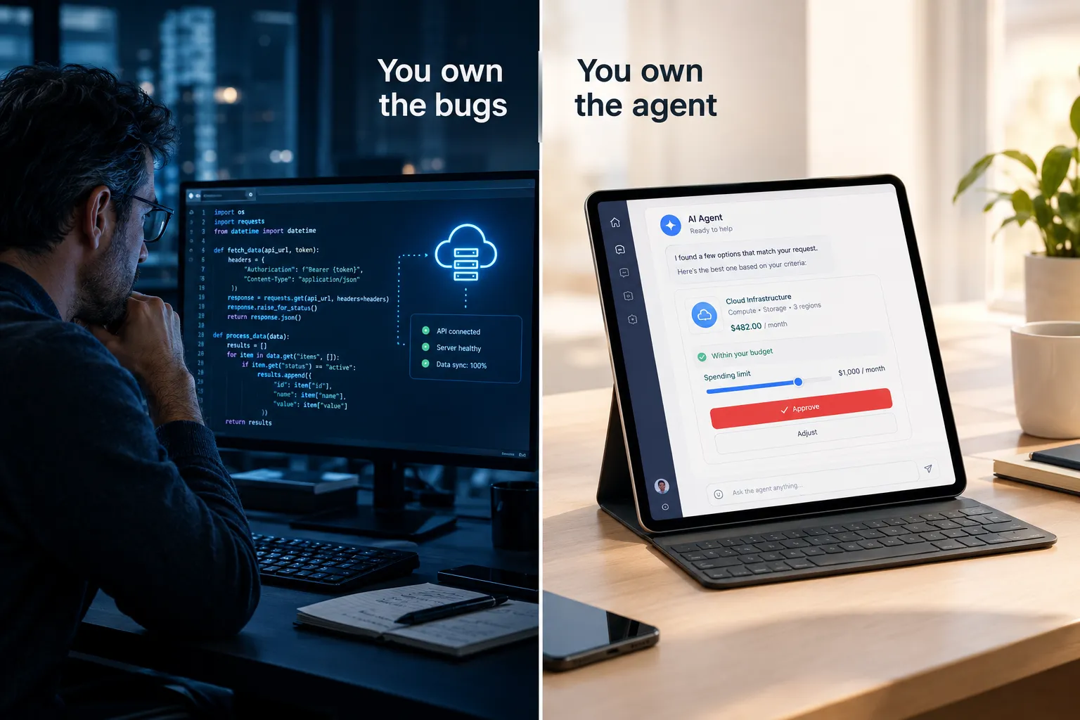 Split image of a trader reading Python code on one screen and a tablet with an AI agent chat and approve button on the other, labeled you own the bugs and you own the agent.