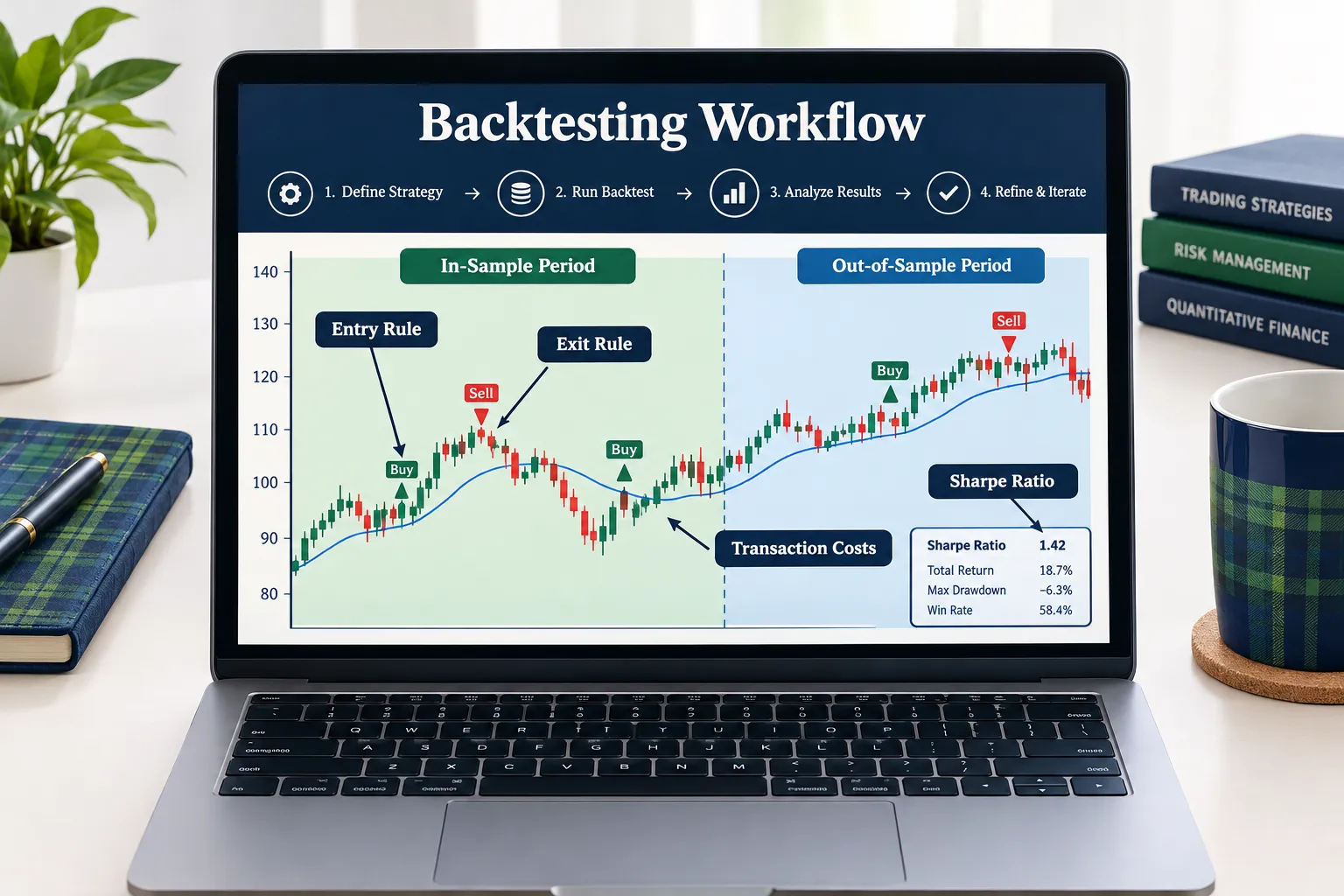 Backtest workflow with in-sample and out-of-sample periods, rules, costs and Sharpe ratio