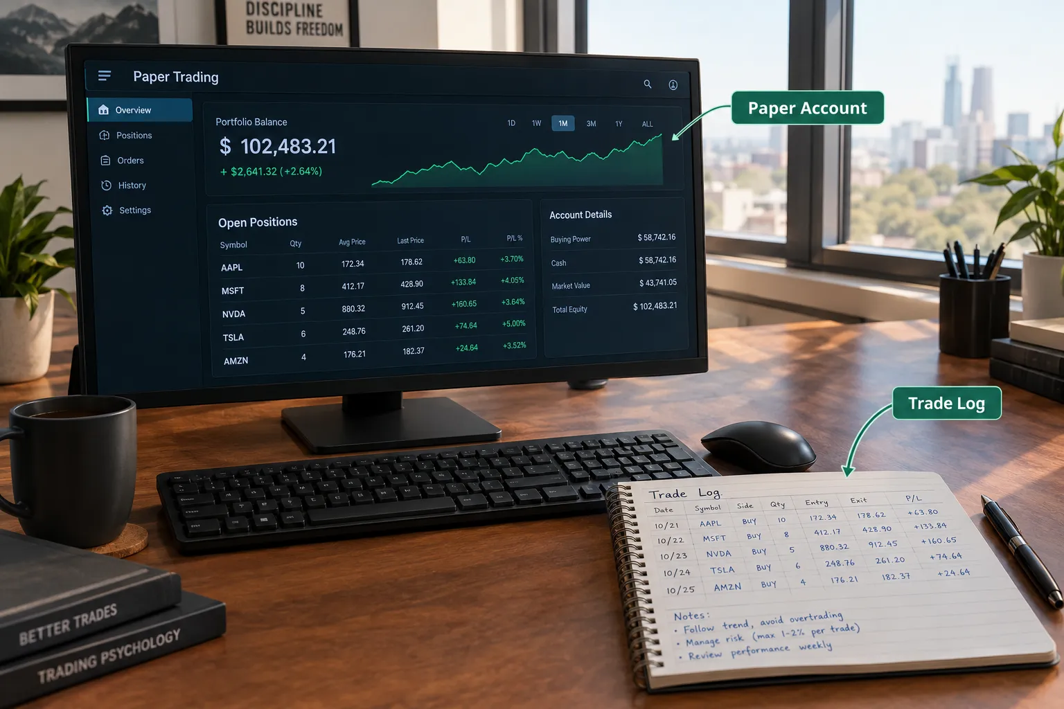 Paper trading dashboard beside a handwritten trade log