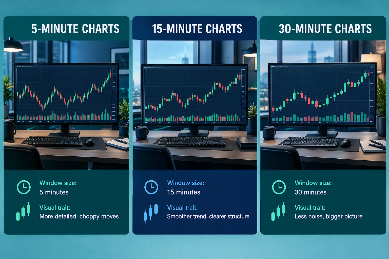 Three teal panels showing 5-minute, 15-minute and 30-minute chart windows on desk monitors, each with a note on window size and how the chart looks.