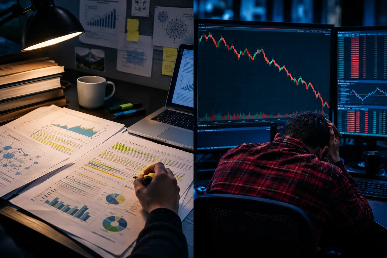 Two dark photos side by side: a person marking up printed charts under a desk lamp, and a trader with his head in his hands in front of a falling futures chart.