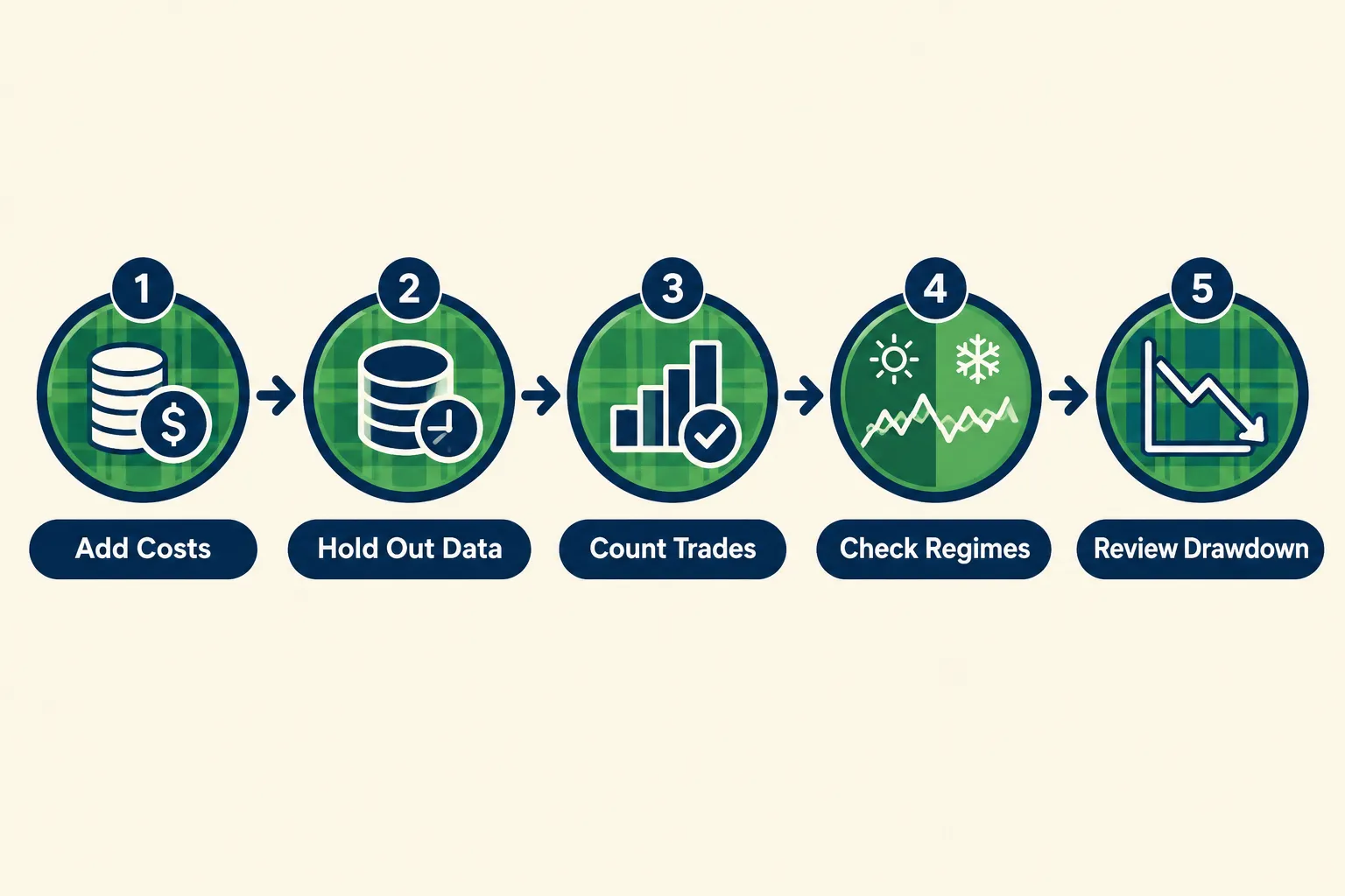 Five-step flow in green plaid circles: add costs, hold out data, count trades, check regimes and review drawdown.