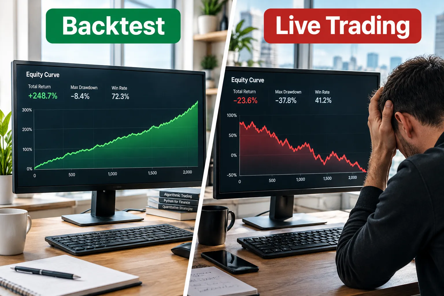 Backtest equity curve rising smoothly beside a choppy live trading curve