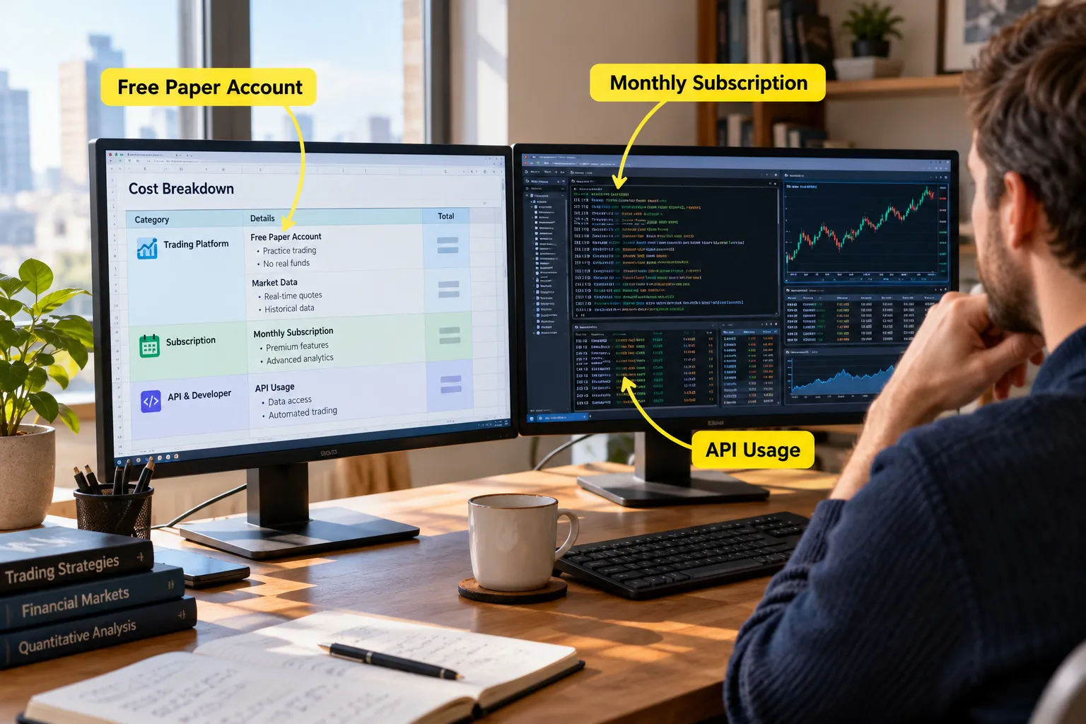 Photo of a trader at two monitors with a cost breakdown table and code on screen, labeled free paper account, monthly subscription and API usage.