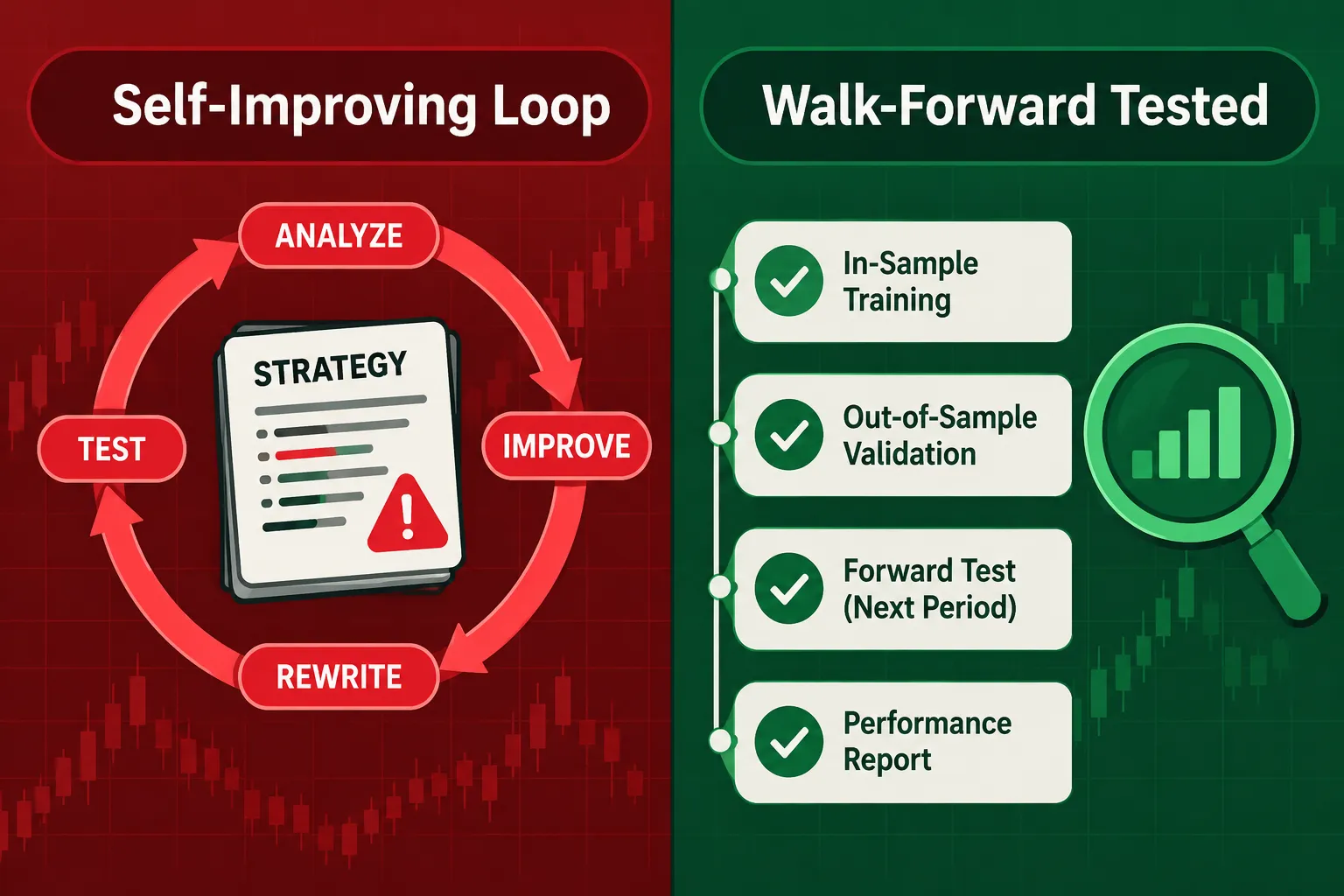 Split red and green graphic contrasting a self-improving loop that analyzes, improves and rewrites a strategy with a walk-forward tested checklist of in-sample training, out-of-sample validation, forward test and performance report.