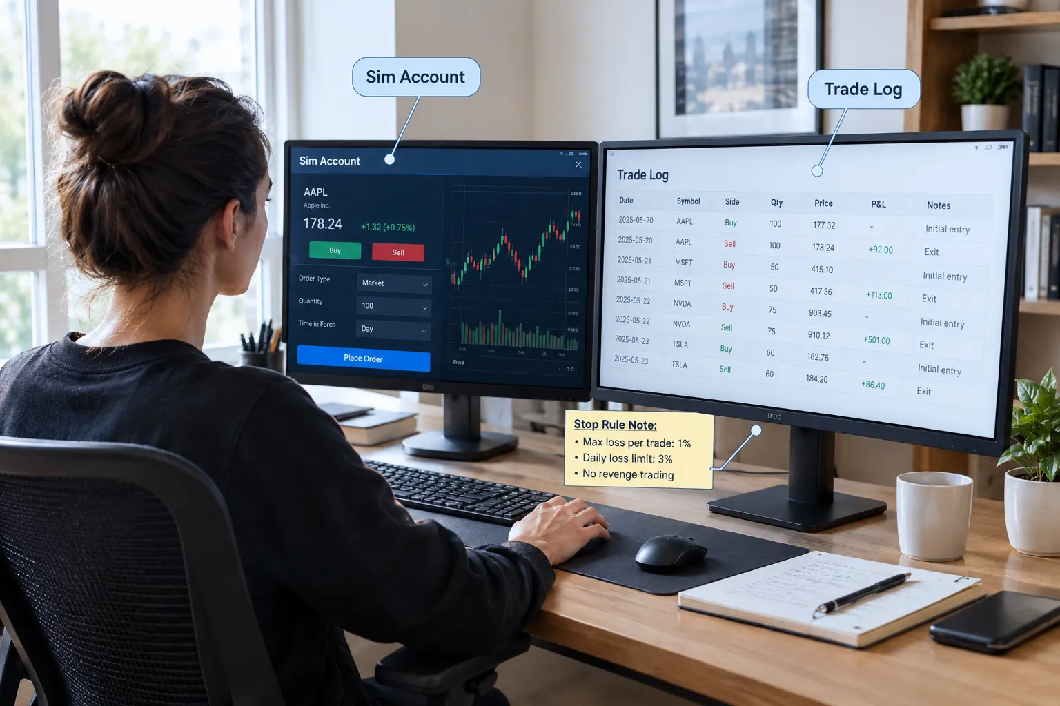 Stock-style photo of a trader at a two-monitor desk with a sim account order ticket, a trade log and a sticky note listing stop rules.